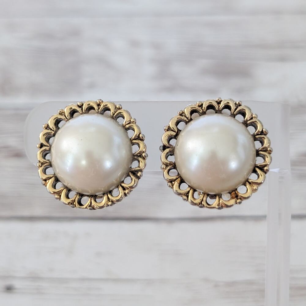 Vintage Clip On Earrings Large Statement Gold Tone Ornate Halo & Faux Pearl
